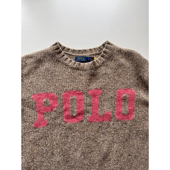 POLO RALPH LAUREN Tan Pink Logo Wool Blend Varsity Crew Neck Sweater, Size S - Picture 8 of 15